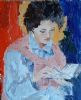 "Woman Reading in a Denim Shirt and Pink Scarf"