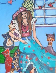 "Bohemian Lady with Calico Cats"