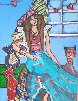 "Bohemian Lady with Calico Cats"