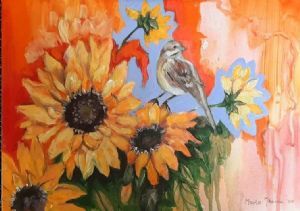 "Sunflowers and Bird"