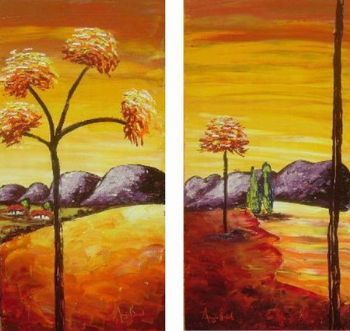 "Ochre Landscape with red trees"