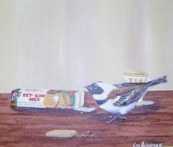 "Sparrow feasting on Eet-Sum-More Biscuits"