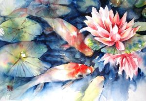 "Koi with waterlilies no. 2"