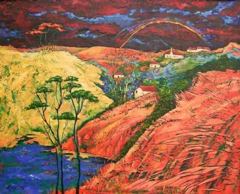 "Vivid Landscape Painting of Hillside"