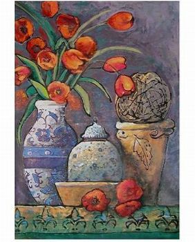 "Red Tulips in Blue Vase"