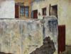 "Red Gate in Cracked Garden Wall"