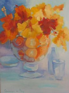 "Shells and Hibiscus in vase"