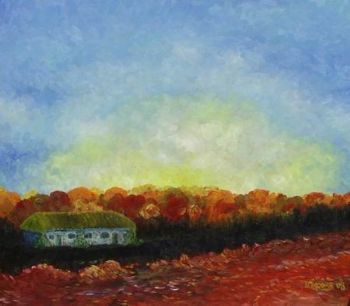"Cottage red river blue sky"