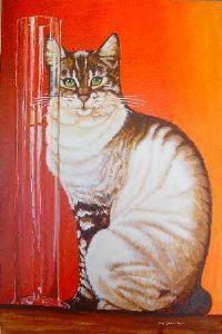 "Red, Cat and Glass Vase"