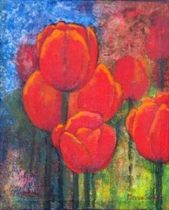 "Red Tulips in Garden"
