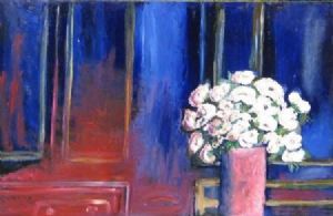 "White Roses on Blue and Red Background"