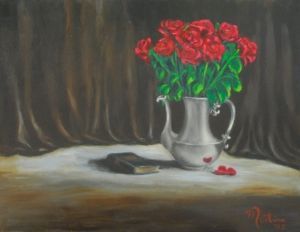 "Red Roses in Pewter Coffee Pot"