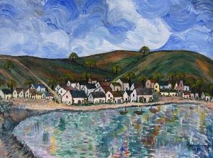 "Three Boats on Quiet Dam"