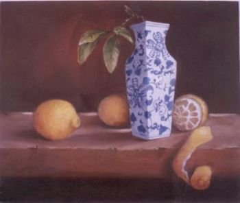 "Lemons in Blue Vase"