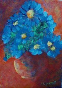"Blue Daisies In Clay Pot"