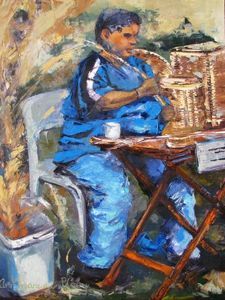 "Blind Cane Weaver at Market"