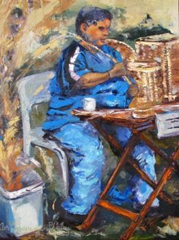 "Blind Cane Weaver at Market"