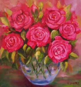 "Coral Roses In Glass Vase"
