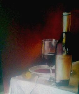 "Table with wine and soup"