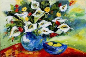 "Arums in Blue Vase with Lemons"