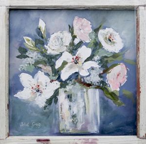 "Flowers in glass vase White I"