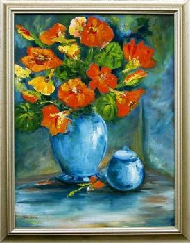 "Nasturtiums in blue vase and bowl"