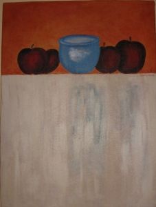 "blue vase red apples"