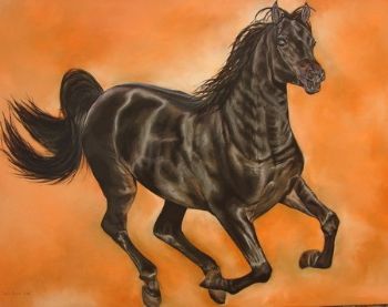 "Galloping Black Horse Through Orange"
