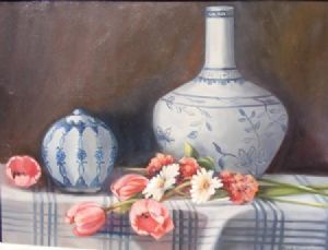 "Delft Vases and Pink Tulips"