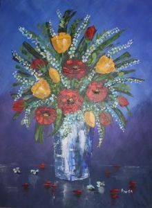 "Red and Yellow Flowers in Glass Pot"
