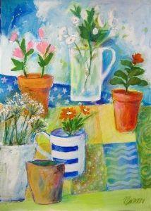 "Flowers on Patchwork Cloth"