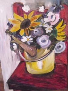 "Red chair and sunflowers"