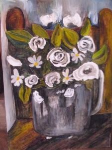 "White flowers & brown chair"