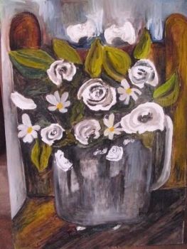 "White flowers & brown chair"