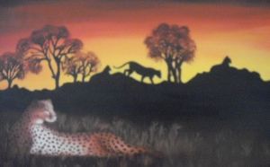 "Lions and Cheetah at Sunset"