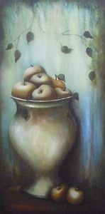 "Apples in Urn with Blue Background"