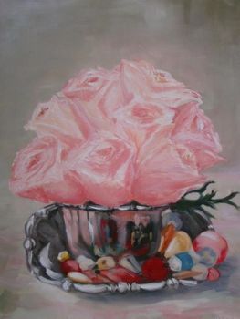 "Roses in Silver Bowl"