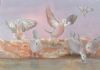 "Doves Visiting a Waterhole"