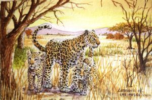 "MINIATURE-Leopard and her cubs at Sunset"