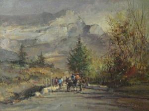 "Mountain Scene with Donkey Cart"