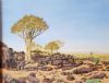 "View of Drakensberg Amphitheater with huts."