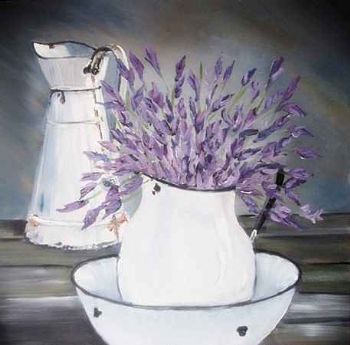 "Lavender Flowers in Enamel Pot"