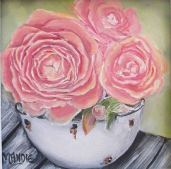 "Roses in Enamel Bowl"
