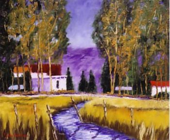 "Farmyard between yellow grasslands"