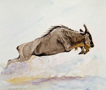 river crossing,watercolor,Wildebeest,wildebeest jumping,wildebeest stampede...