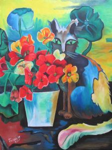 "Cat with Nasturtiums 2"