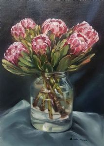 "Proteas in Glass Bottle"