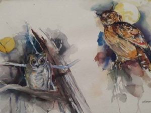 "Double Owl Watercolour"