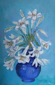 "St Joseph Lilies in a Blue Vase"
