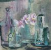 "Pink Orchid and Glass Bottles "